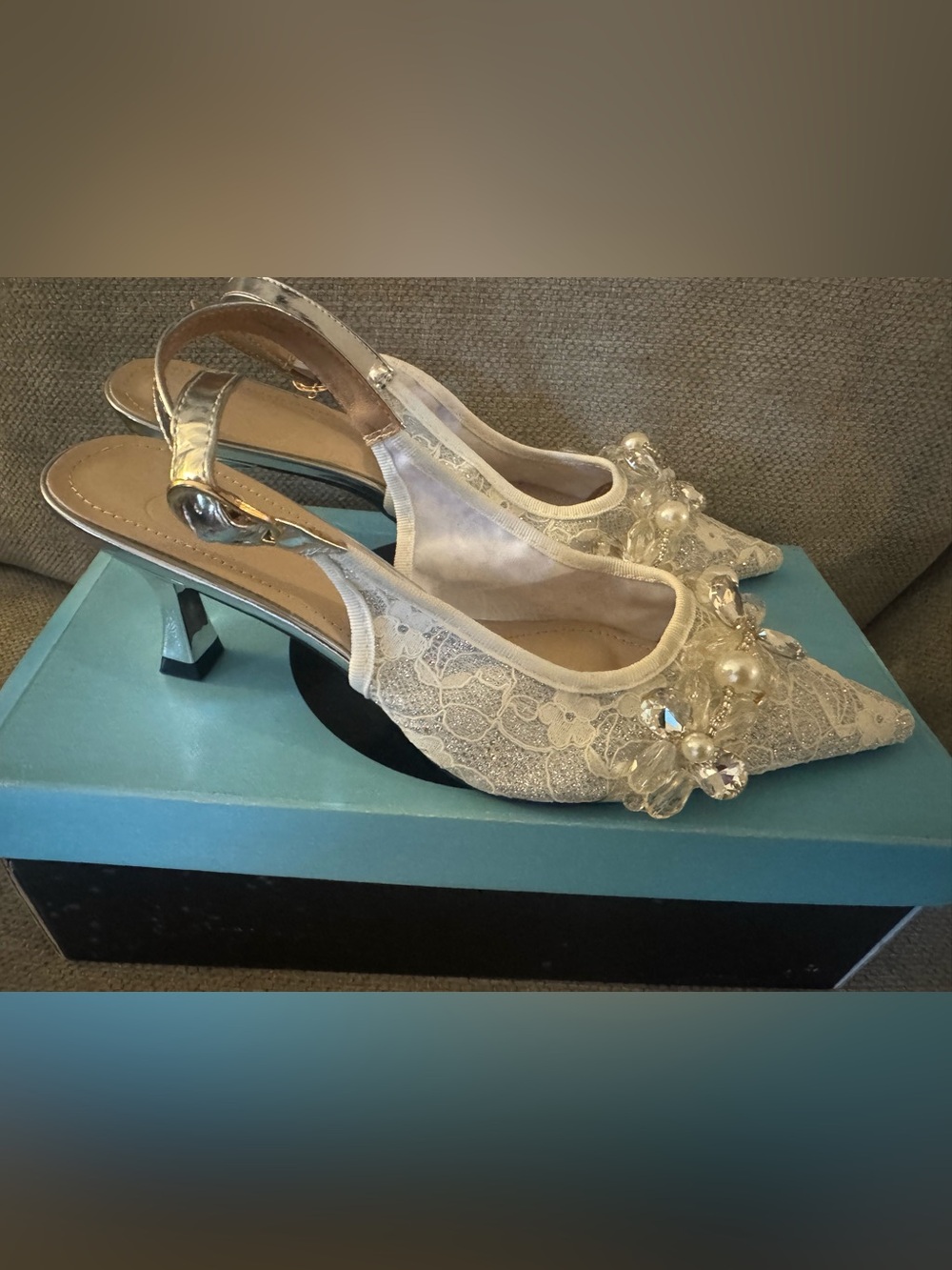 Elegant White Lace Slingback Heels with Crystal Embellishments